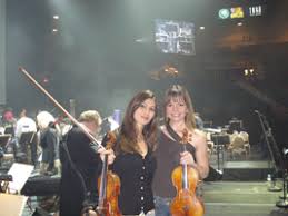 l-r: Violinists Yelena Yegoryan and Lisa Dondlinger backstage at Andrea Boccelli concert with The New West Symphony - LisaBocelliYelena72