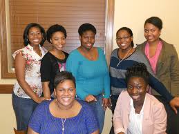 ... to right: Imani Jackson and Gifty Agyapong, standing from left to right: Shane Jones, Nicole Williams, Jalisa Wright, Olevia Mitchell, and Salena Moore - epwsu