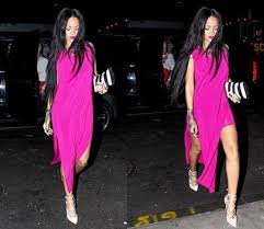 Rihanna Wore Long pink dress, pair of white claw Christian ...