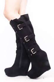 BLACK FAUX SUEDE TRIPLE BUCKLE PLATFORM WEDGE KNEE HIGH BOOTS ...