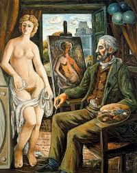 Model and painter with easel - Rafael Zabaleta - WikiPaintings. - model-and-painter-with-easel-1945