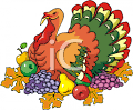 Thanksgiving Clipart Picture of a Turkey with Fruit Around Him