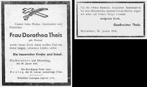 Traueranzeige Dorothea Theis, Hochstetten 1941