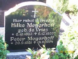 Grabstein von Peter Meyerhoff (30.09.1881-14.11.1974), Friedhof Mittegrossefehn. Häufige Nachnamen auf diesem Friedhof: