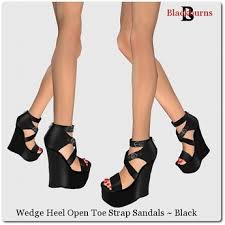 Second Life Marketplace - Wedge Heel Open Toe Strap Sandals Black