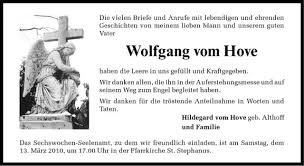 Traueranzeige, Todesanzeige von Wolfgang vom Hove aus Münster Mitte.