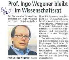 Ingo Wegener bleibt im Wissenschaftsrat. Datum: 8. Februar 2007. Bild: Quelle: Ruhrnachrichten. Pressetext: