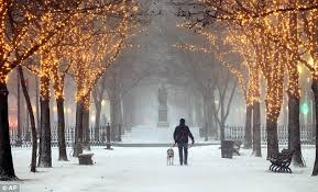 as snow falls around him