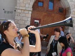 A vuvuzela, sometimes called