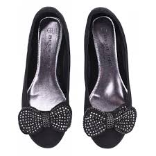 Women's Black Large Bow Suede Ballerina Shoes