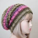 Slouchy Beanie Hat Chunky Hand Knit Reversible Pink Green Purple - slouchy_beanie_hat_chunky_hand_knit_reversible_pink_green_purple_d5c56887