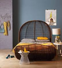 blue wall paint color, african bed made of wicker and yellow ...