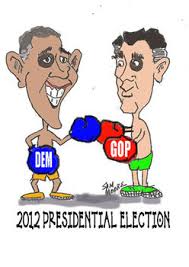 Two boxers, one with a blue set of gloves with hte word DEM and another boxers, who looks like Mitt Romney, with red boxing gloves that say GOP. Learn more about key 2012 Presidential Election issues in our blog 