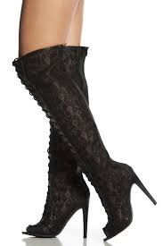 Black Lace Thigh High Lace Up Peep Toe Boots @ Cicihot Boots ...