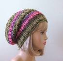 Slouchy Beanie Hat Chunky Hand Knit Reversible Pink Green Purple - slouchy_beanie_hat_chunky_hand_knit_reversible_pink_green_purple_67486e8a