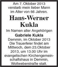 Hans-Werner Kukla-Die Trauerfe | Nordkurier Anzeigen