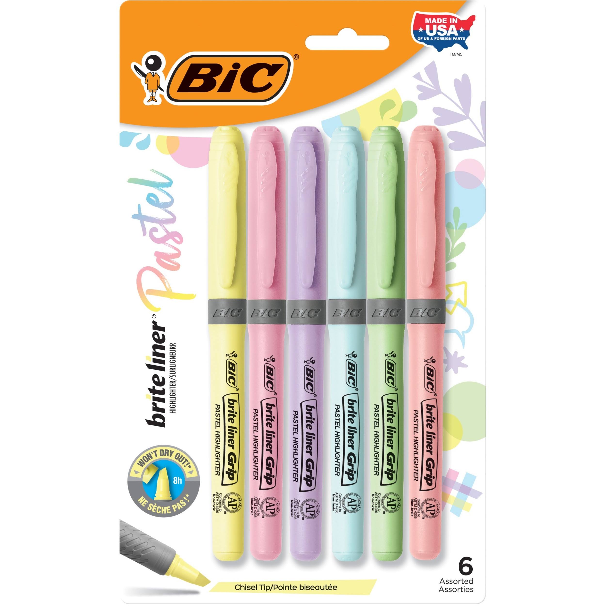 Bic Brite Liner Highlighter, Pastel, Chisel Tip, Assorted - 6 highlighter