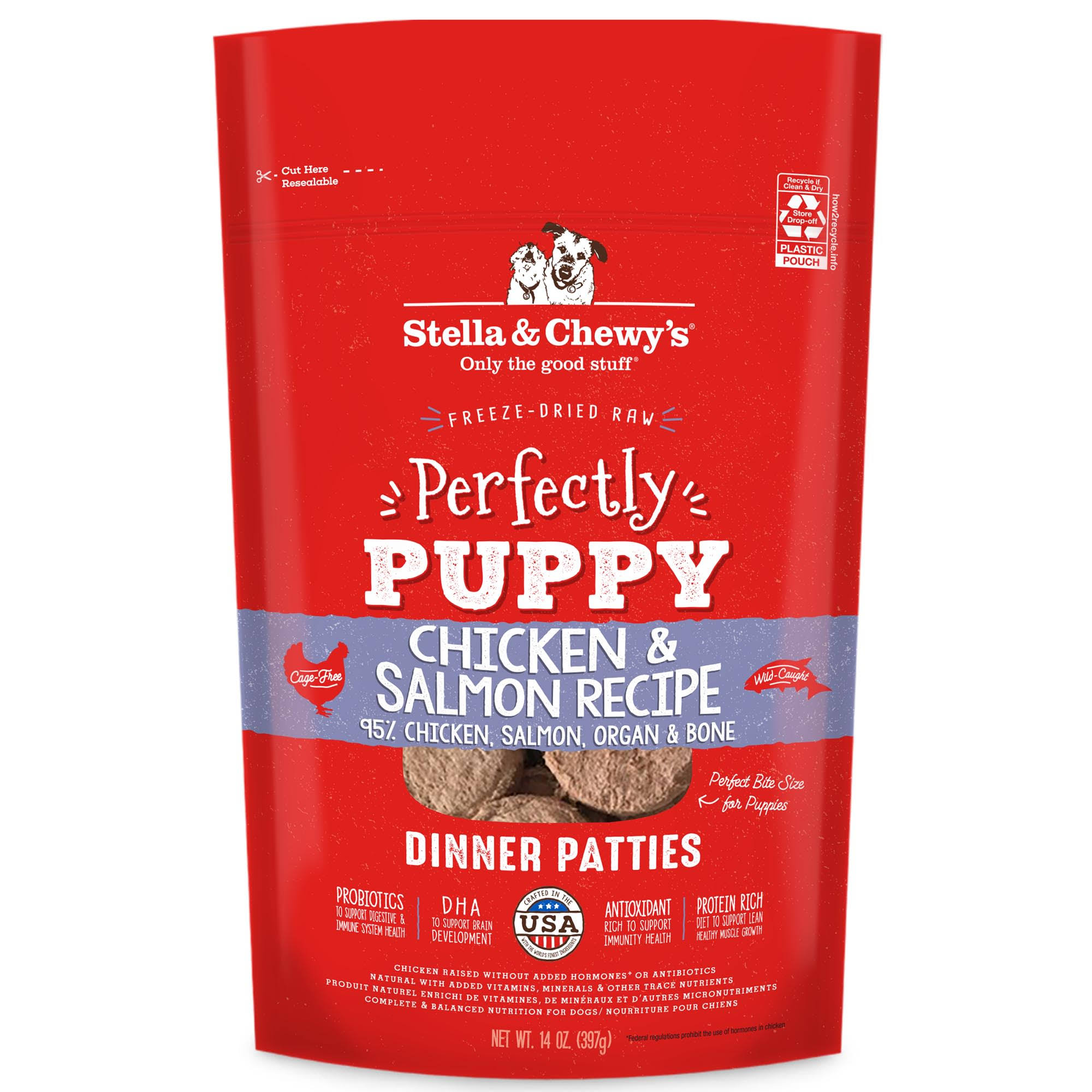 Stella & Chewys Freeze Dried Raw Dinner Patties Crafted For Puppies Grain Free, Protein Rich Perfectly Puppy Chicken & Salmon Recipe 14 oz Bag