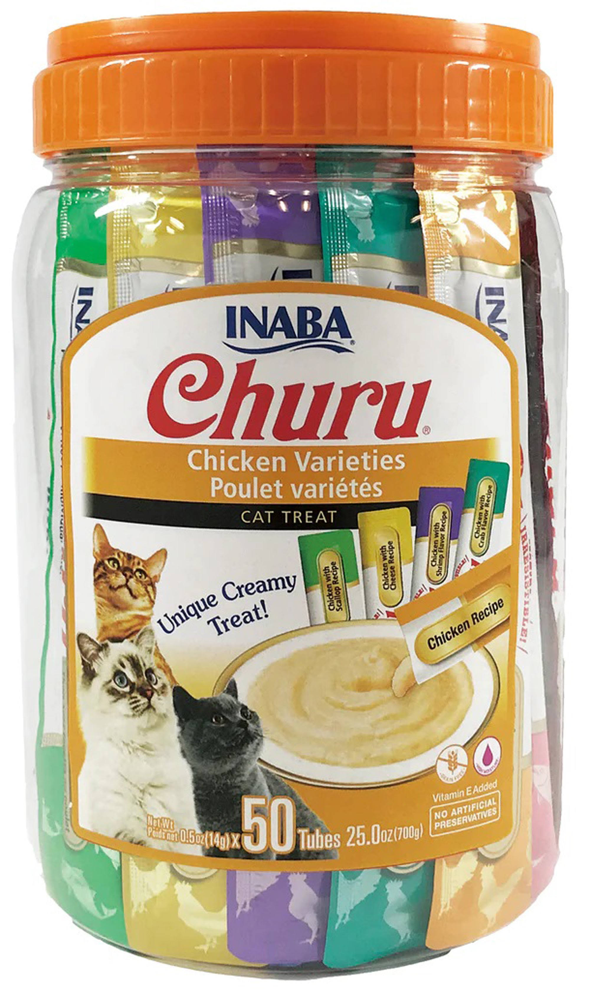 INABA Churu Cat Treats, Grain-Free, Lickable, Squeezable Creamy Pure Cat Treat with Taurine & Vitamin E, 0.5 Ounces Each Tube, 50 Tubes Total
