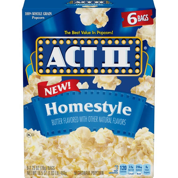 Act Ii Microwave Popcorn, Butter Flavored, Homestyle - 6 pack, 2.75 oz bags