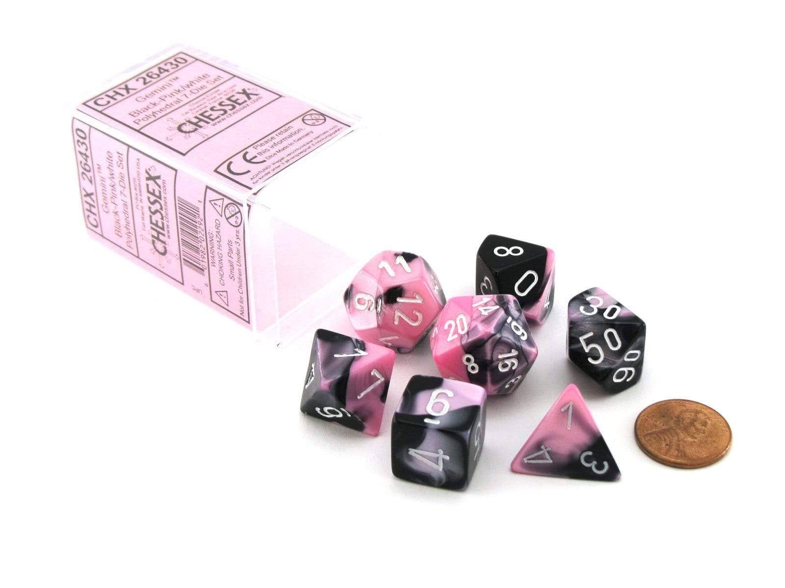 Chessex Gemini Poly 7 Dice Set: Black-Pink/white