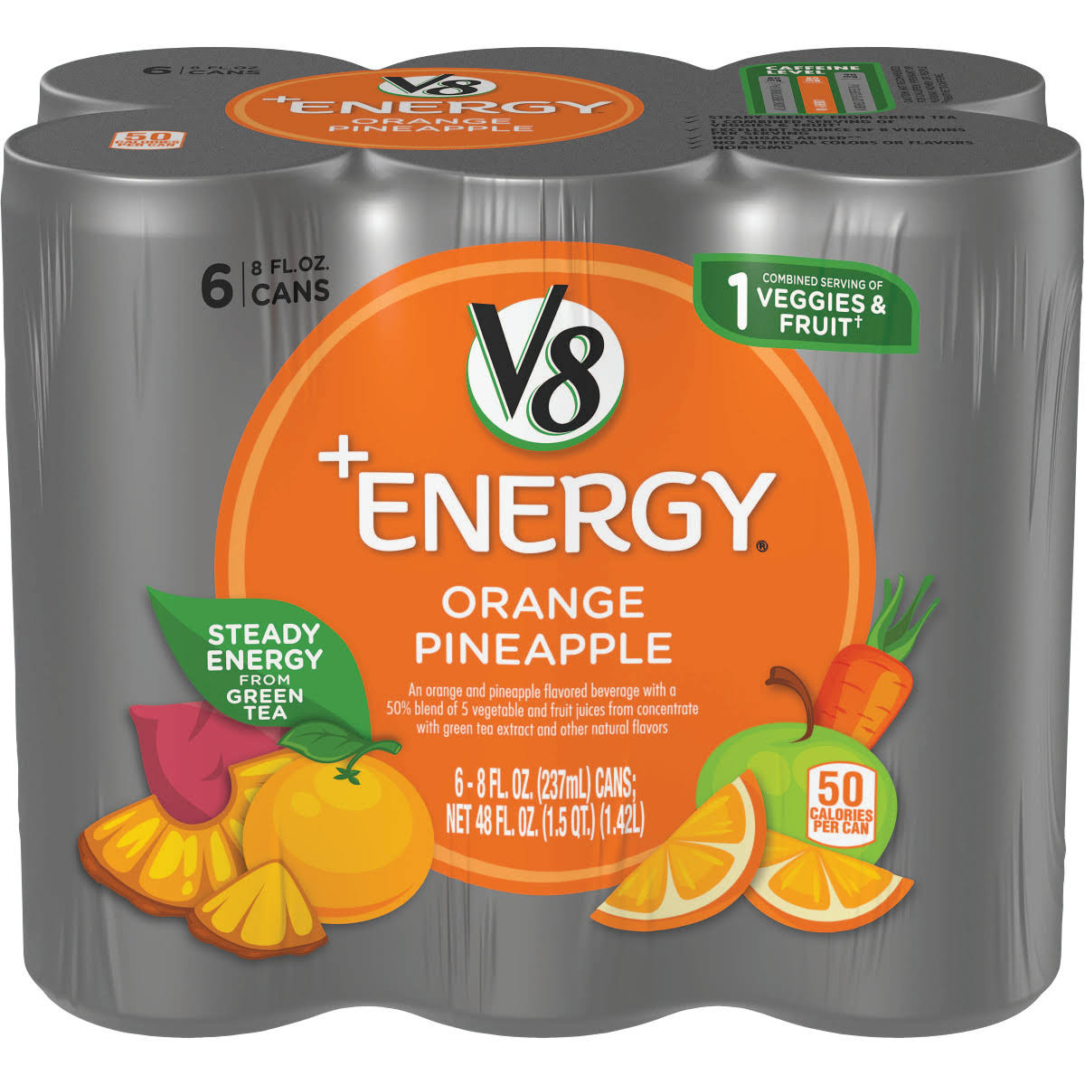 V8 V-Fusion + Energy Vegetable & Fruit Juice, Orange Pineapple - 6 pack, 8 fl oz cans