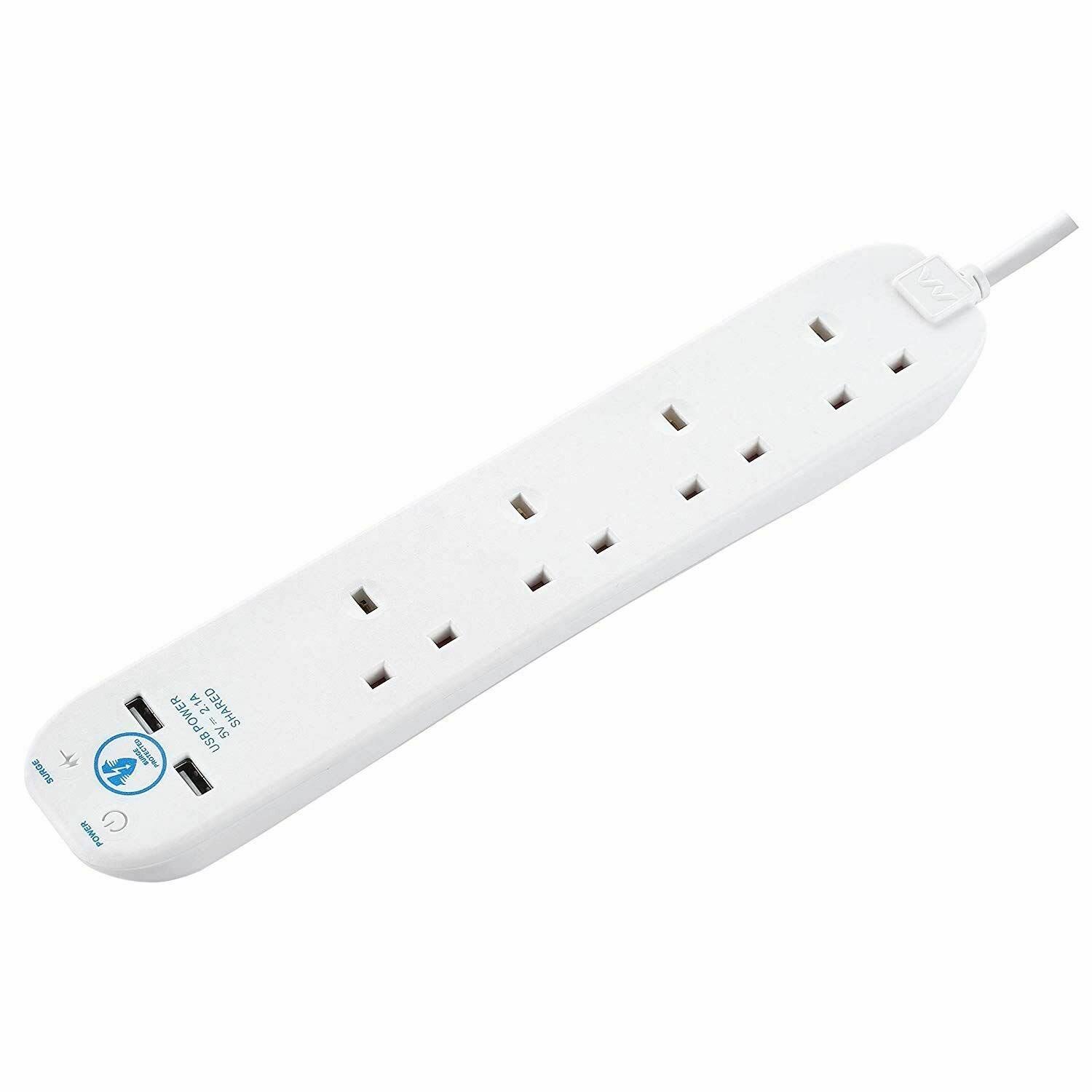 Masterplug 2m 4 Gang 2 x USB 13a Surge Protected White Extension Lead