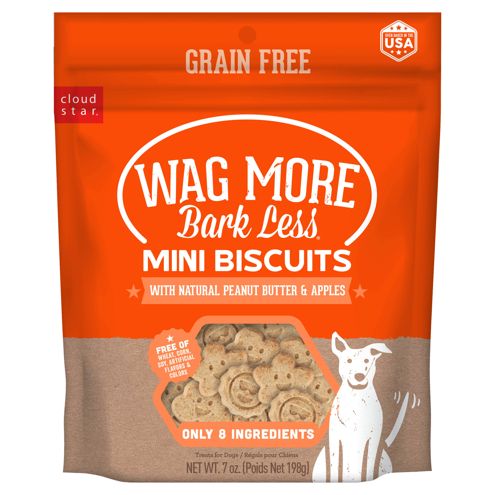 Cloud Star Wag More Bark Less Mini Biscuits Peanut Butter & Apples Grain-Free Dog Treats, 7-oz