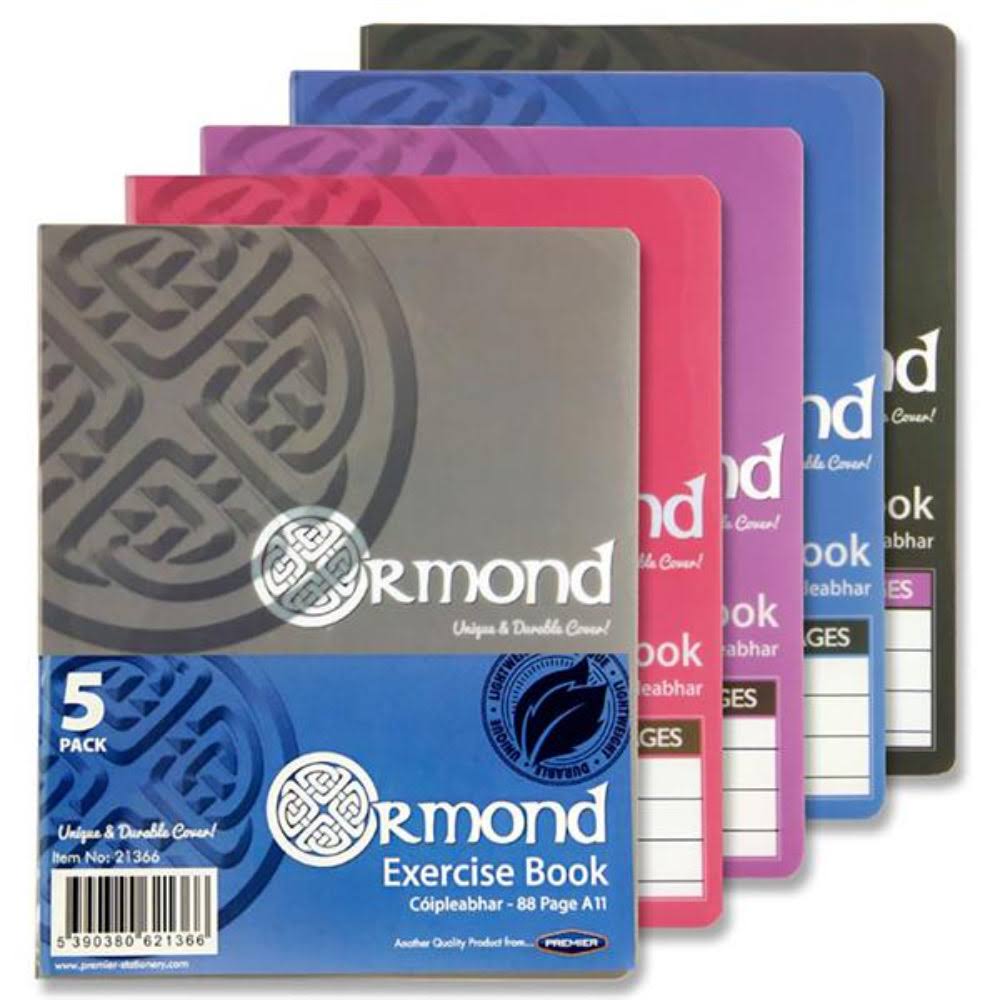 Premier Stationery Ormond A11 88 Page Copy Book with Durable Cover. Assorted Colours. Pack of 5.