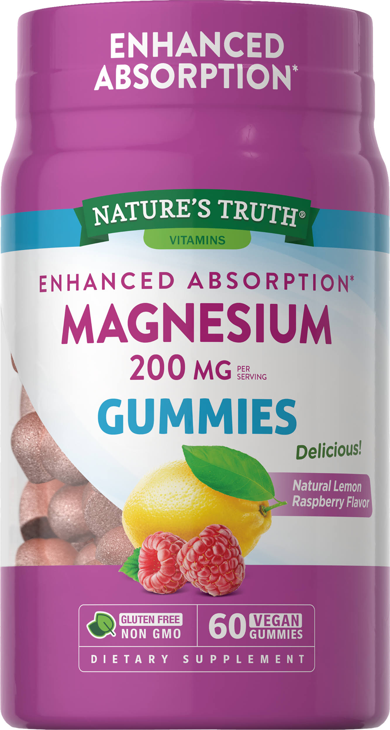 Magnesium (Natural Lemon Raspberry), 200 MG (Per serving), 60 Vegan Gummies