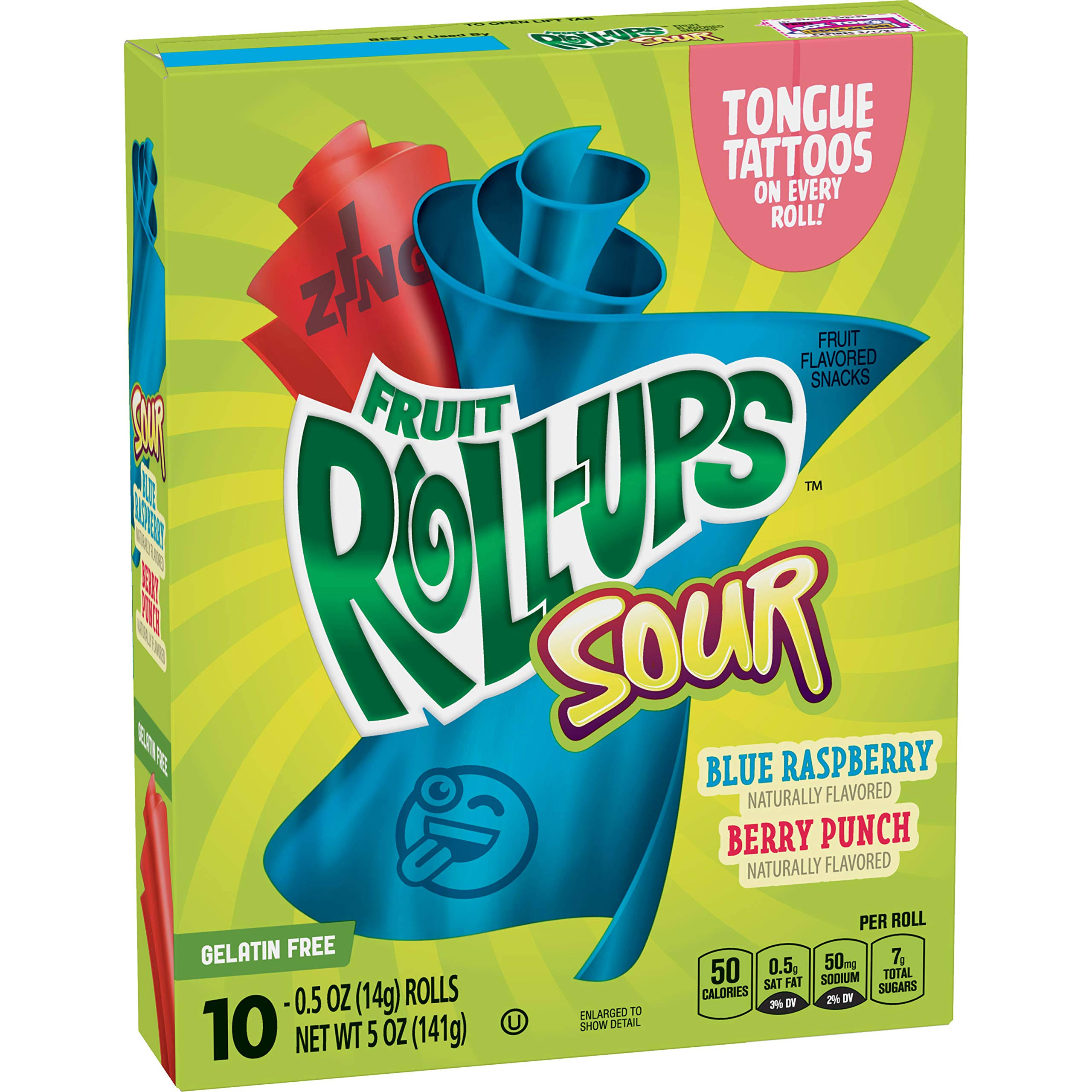 Fruit Roll-Ups Fruit Flavored Snacks, Blue Raspberry/Berry Punch, Sour, 10 Pack - 10 pack, 0.5 oz rolls