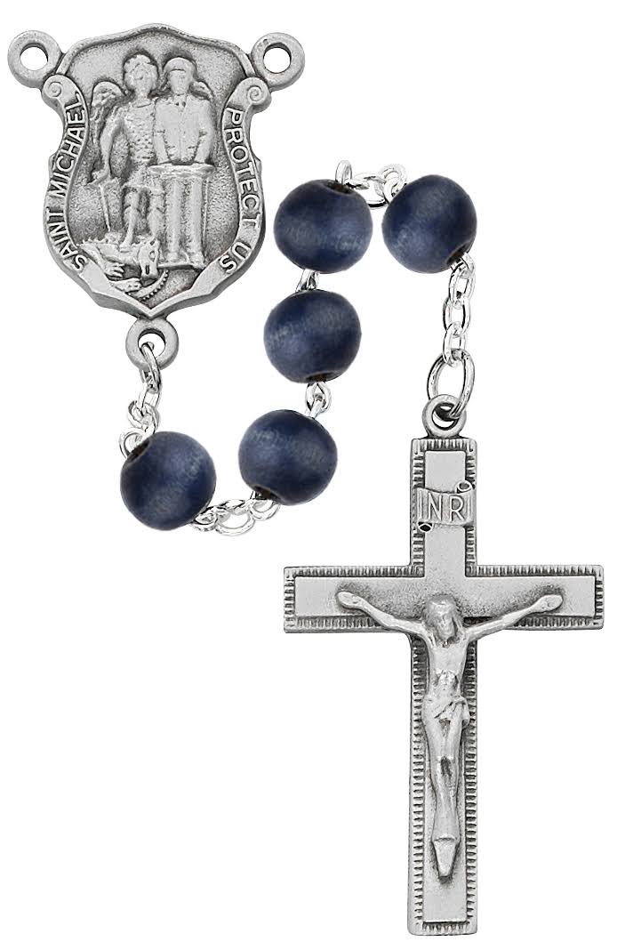 McVan R685df 8 mm Wood with Michael Police Cross Rosary Set - Blue