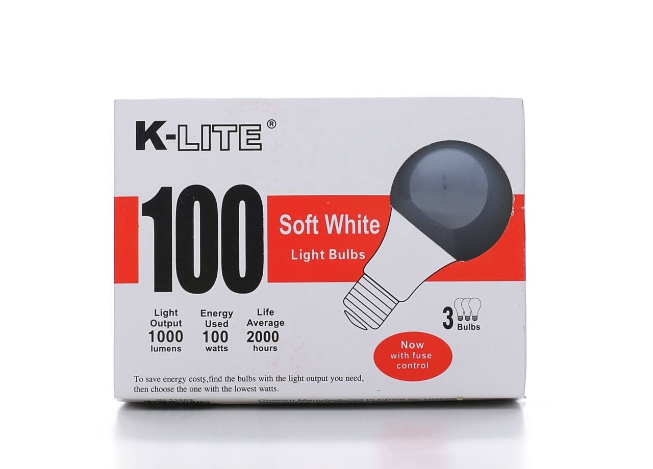 K-Lite Soft White Light Bulbs - 100W, 1000 Lumens, 3pk
