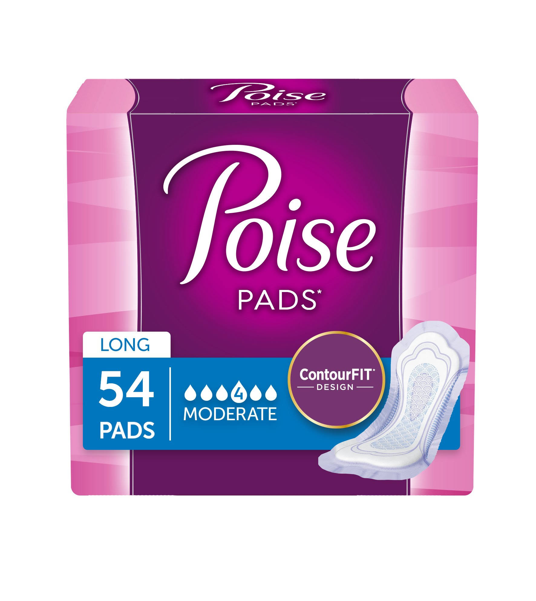 Poise Incontinence Pads Moderate Absorbency Long - 54ct