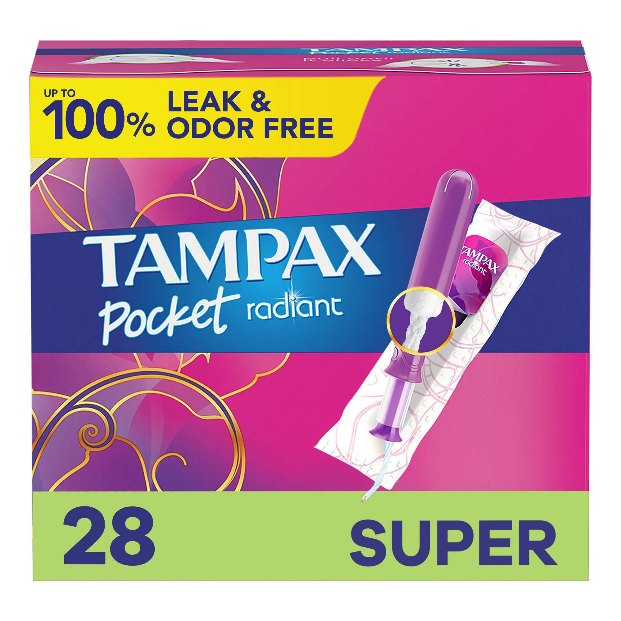 Tampax Pocket Radiant Tampons, Compact, Super Absorbency, Unscented - 28 tampons