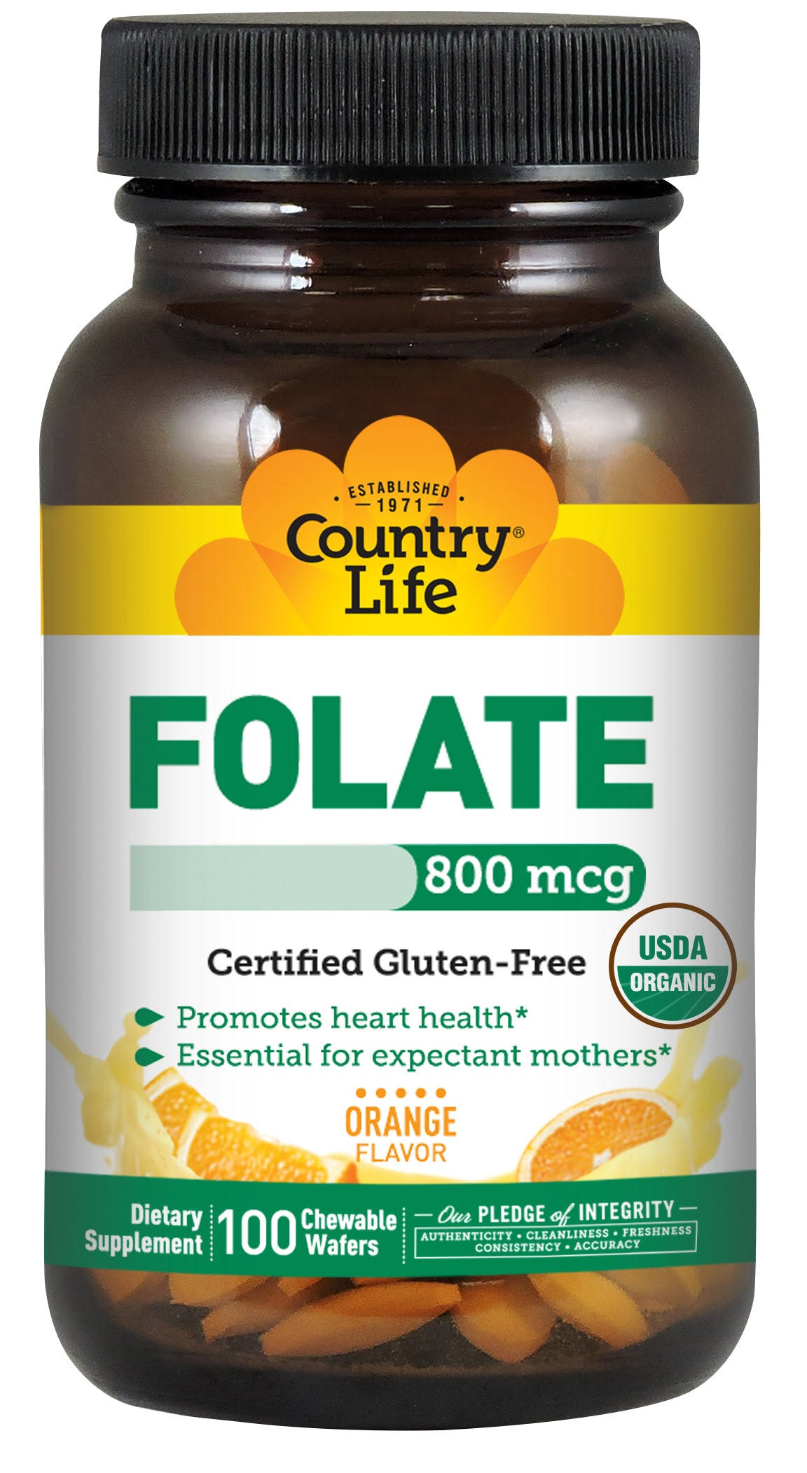 Country Life Folate Supplement - USDA Organic, 100 Chewable Wafers