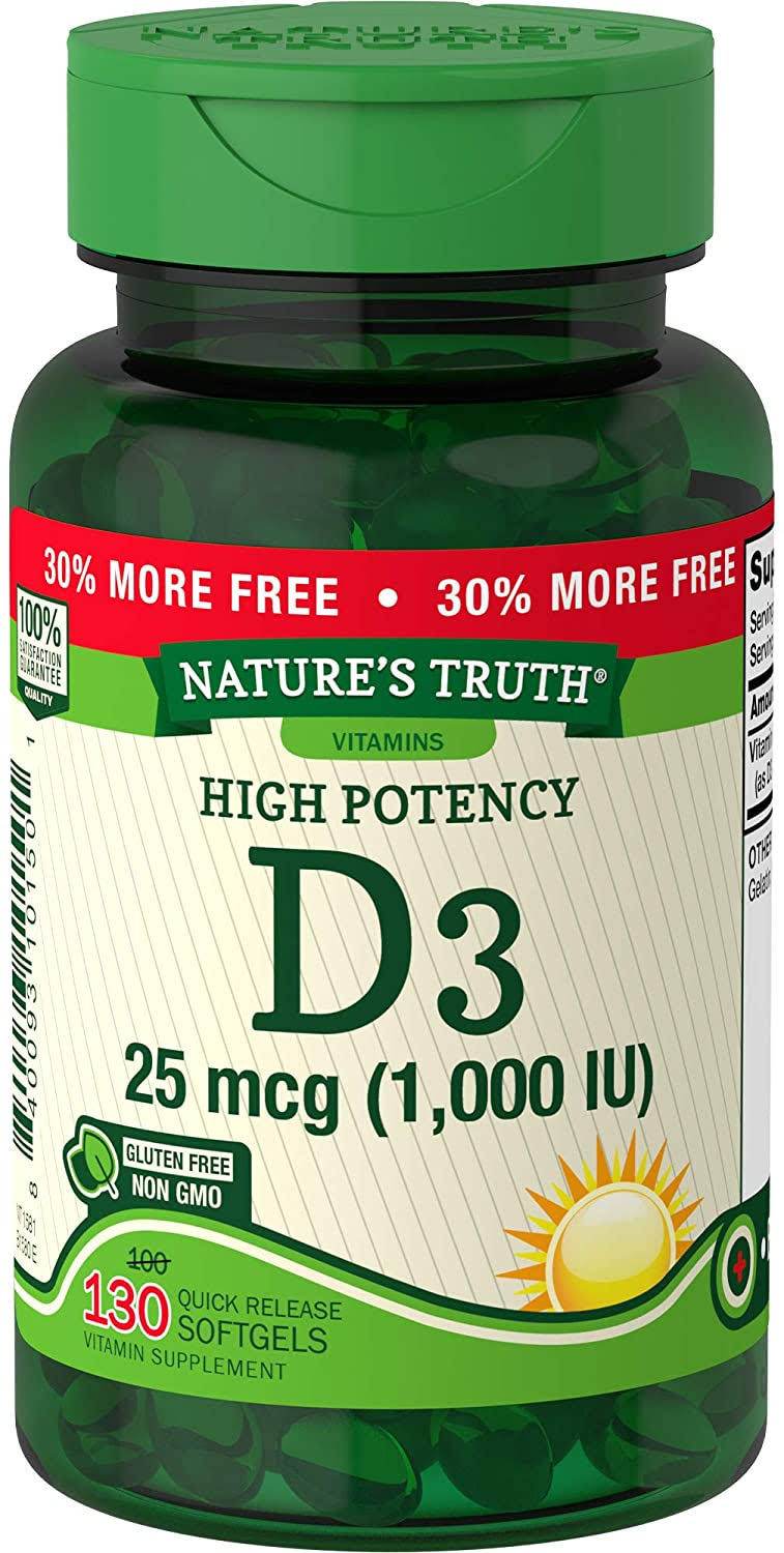 Nature's Truth High Potency Vitamin D3 1000 IU Quick Release Softgels Supplements - 130ct
