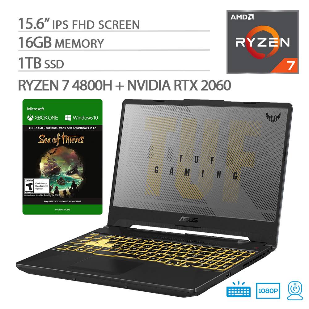 Asus TUF VR Ready Gaming Laptop, 15.6" IPS FHD, AMD Ryzen 7-4800H, RTX 2060, 16GB Ram, 1TB Ssd, RGB Backlit KB, Sea of Thieves