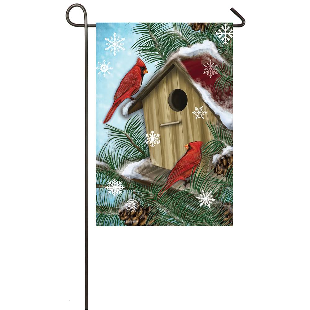 Evergreen Birdhouse Cardinals Garden Flag - Satin