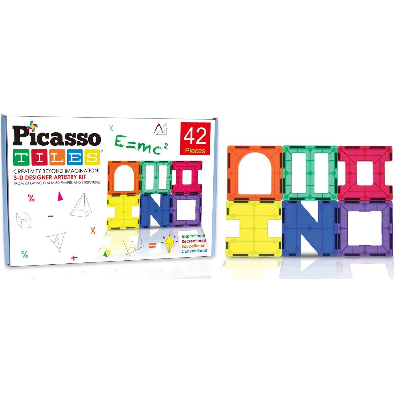 PicassoTiles 42 Piece Set Magnet Building Tiles - Clear Magnetic 3D Building Blocks