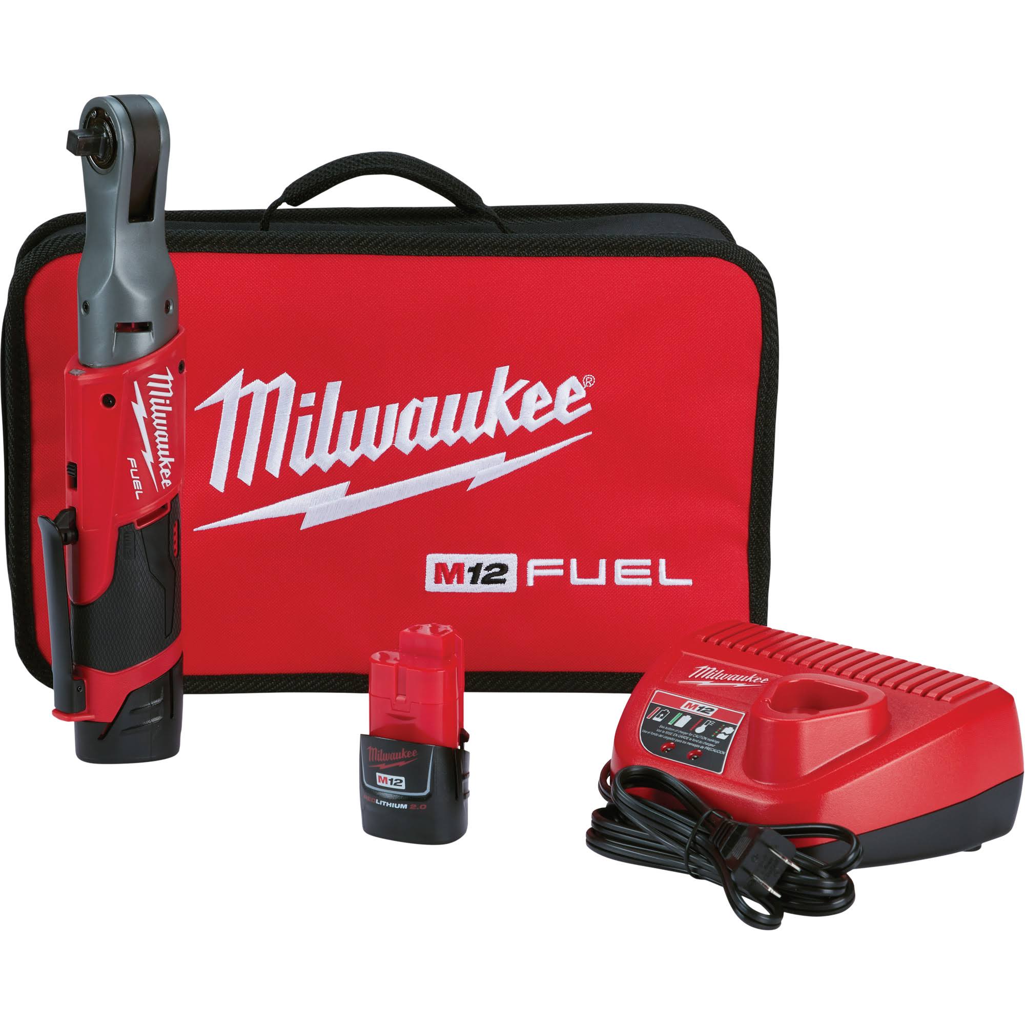 Milwaukee M12 Fuel Lithium-Ion Brushless Cordless Ratchet Kit - 2.0Ah, Charger & Tool Bag, 3/8", 12V
