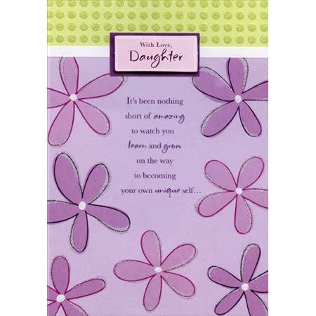 Designer Greetings Tip on 3D Rectangular Banner and Seven Large Purple Flowers Birthday Card for Daughter, Size: 5.25 x 7.5