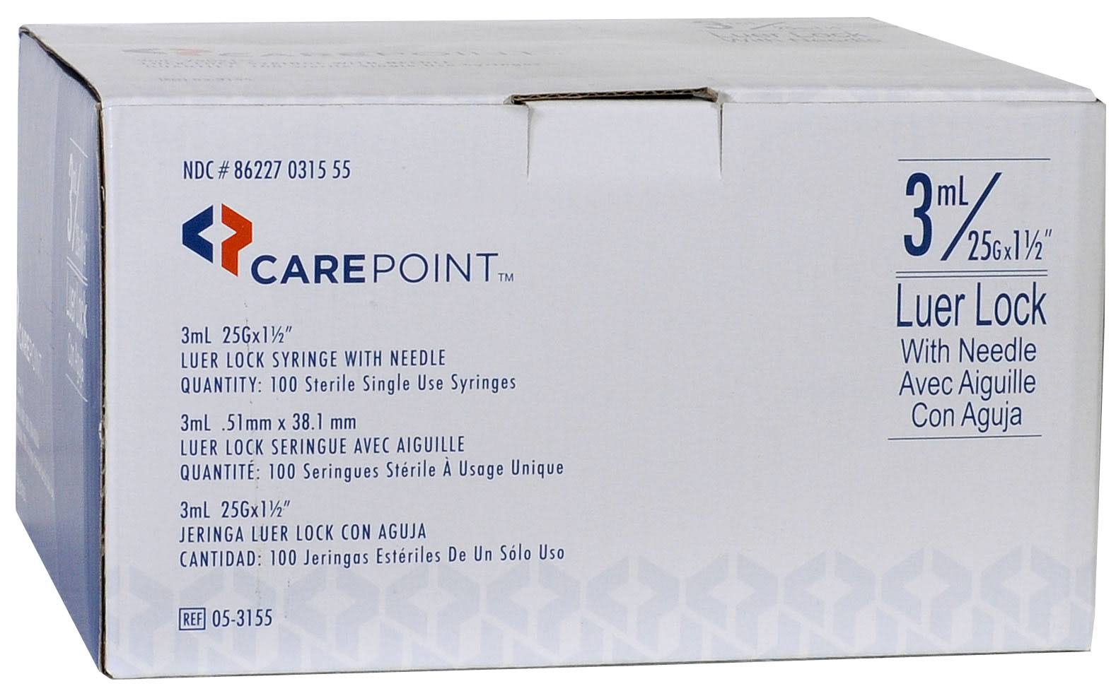 CarePoint Luer Lock with Needle 25g 1 1/2 in 3ml 100 Count 05-3155