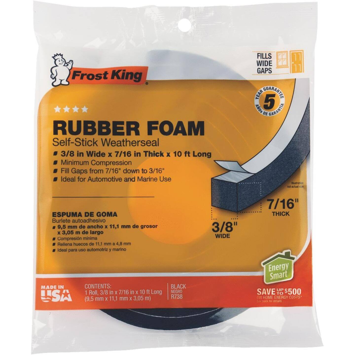 Frost King Rubber Foam Wheater Seal Tape - 3/8" x 7/16" x 10'
