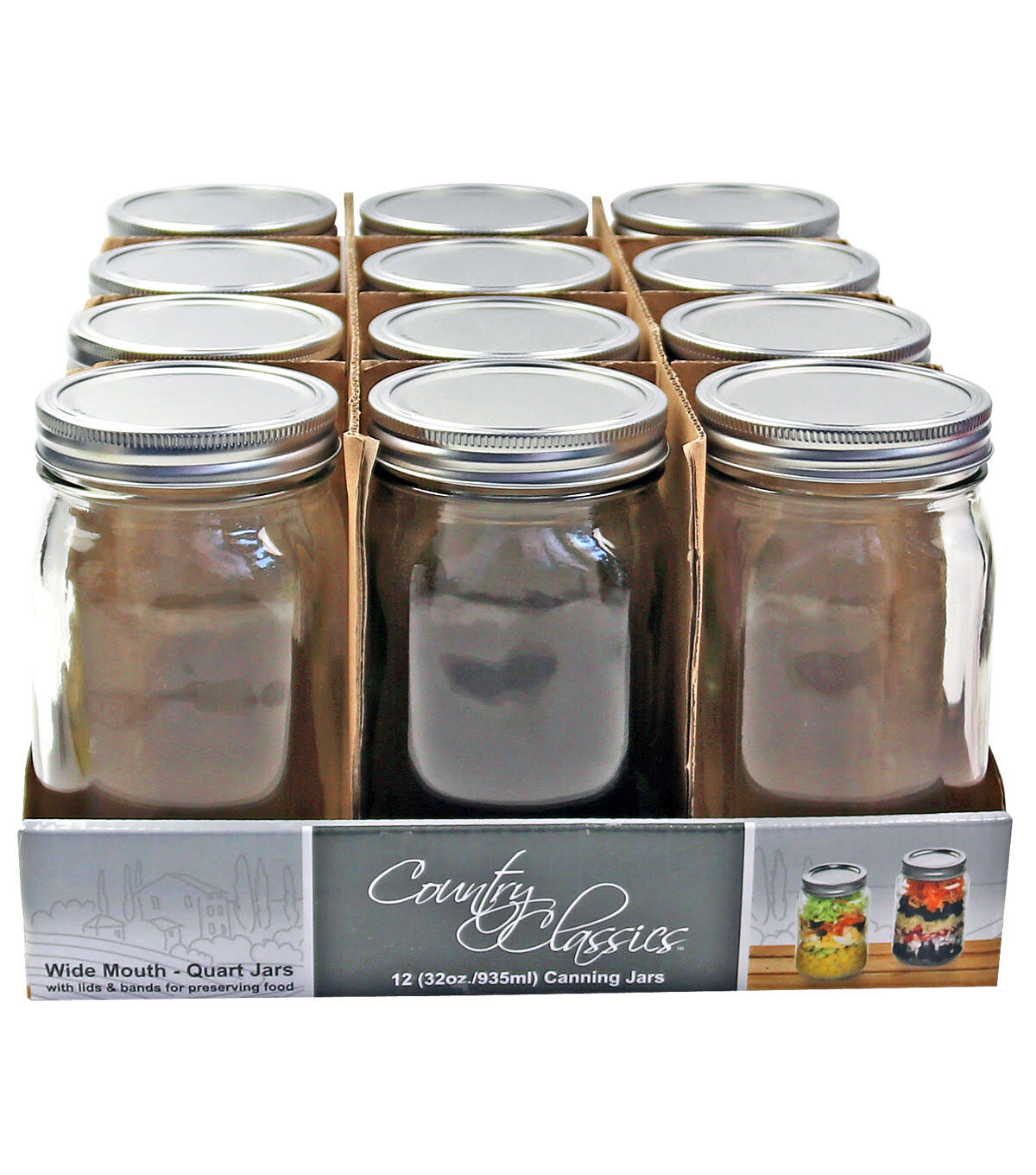 Country Classics 12 pk Quart Size Canning Jars with Lid
