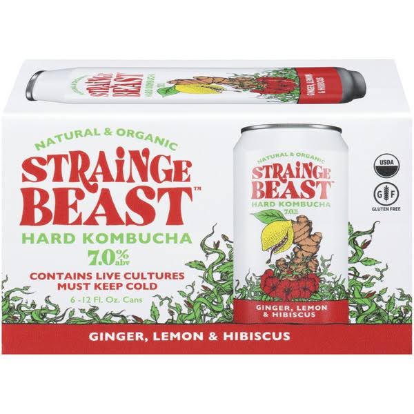 Strainge Beast Hard Kombucha, Ginger, Lemon & Hibiscus - 6 pack, 12 fl oz cans