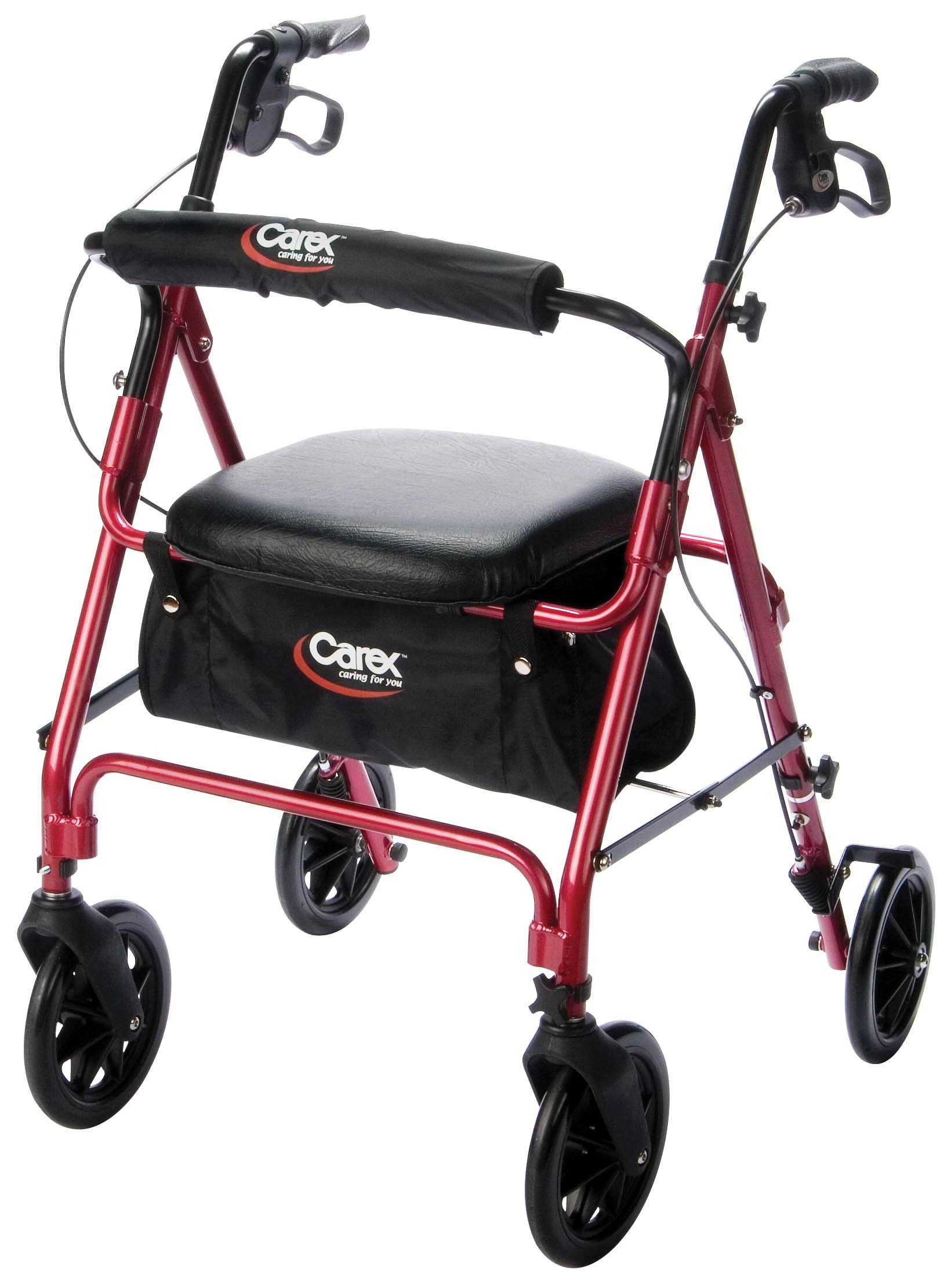 Carex A22200 Rolling Walker - with Padded Seat and Backrest, Red