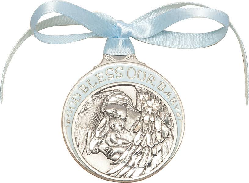 Bliss Pewter Baby with Angel Crib Medal Blue Ribbon