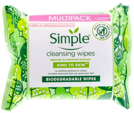 Simple Biodegradable Facial Cleansing Wipes 2x20 Pack