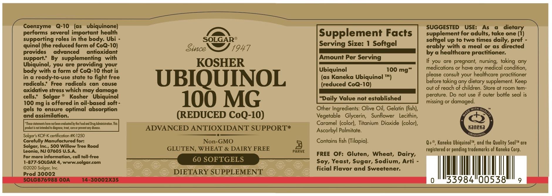 Solgar Kosher Ubiquinol Supplement Vitamin | 100 mg | 60 Soft Gels